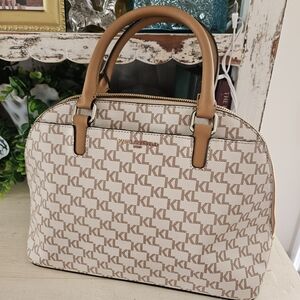 KARL LAGERFELD Beige & Tan Monogram Dome Satchel